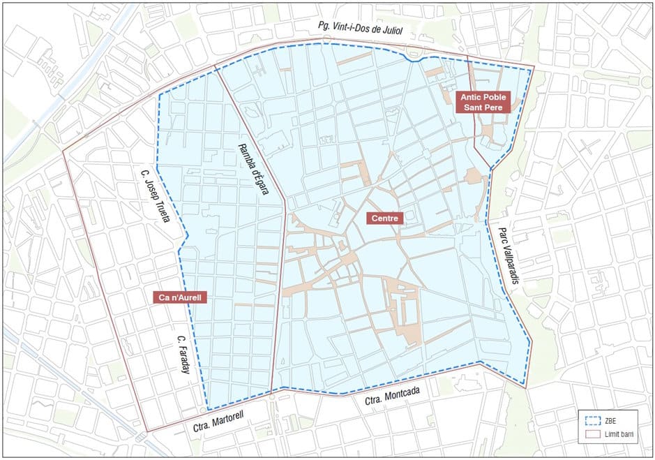 ZBE. Zona de Bajas Emisiones en Terrassa. Mapa de los barrios afectados.
