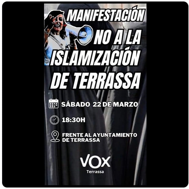 Manifestación NO A LA ISLAMIZACIÓN DE TERRASSA. Frente al Ayuntamiento. Imagen del cartel